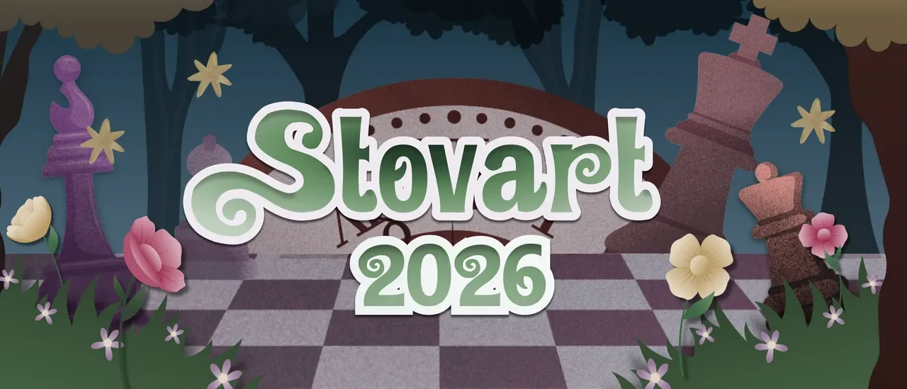 Wordmark Stovart 2026 di atas papan catur dan hutan malam bergaya potongan kertas, dengan bidak raja dan ratu di kedua sisinya